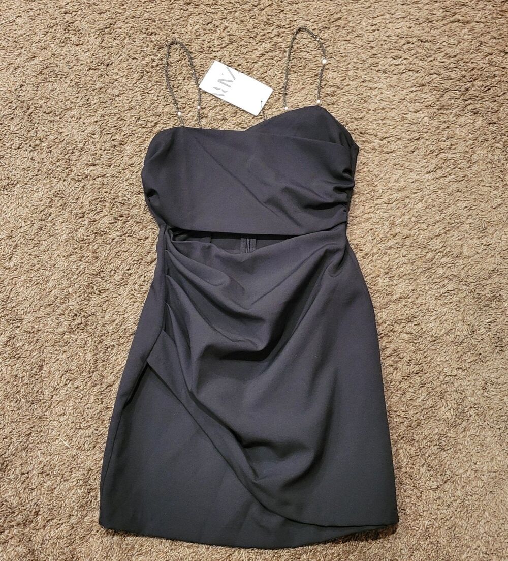 NWT Zara Party Dress Black Cut Out Sparkle Spaghetti Strap Draped Mini Size S